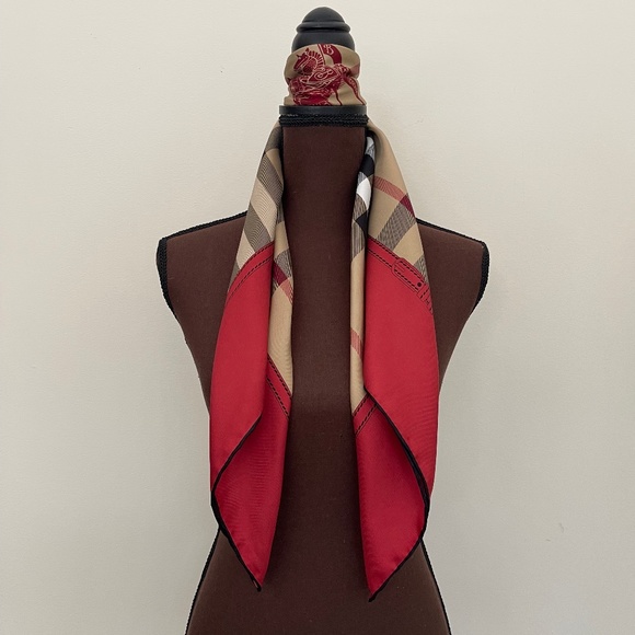 Display # 2 Burberry New Classic Check Pattern Red Border Silk Scarf - Picture 12 of 16